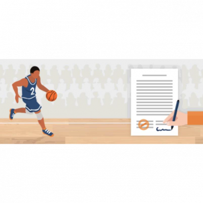 illustration of basketball player beside hand signing contract