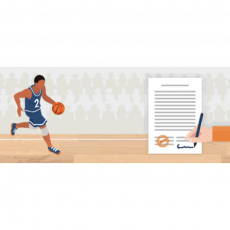 illustration of basketball player beside hand signing contract
